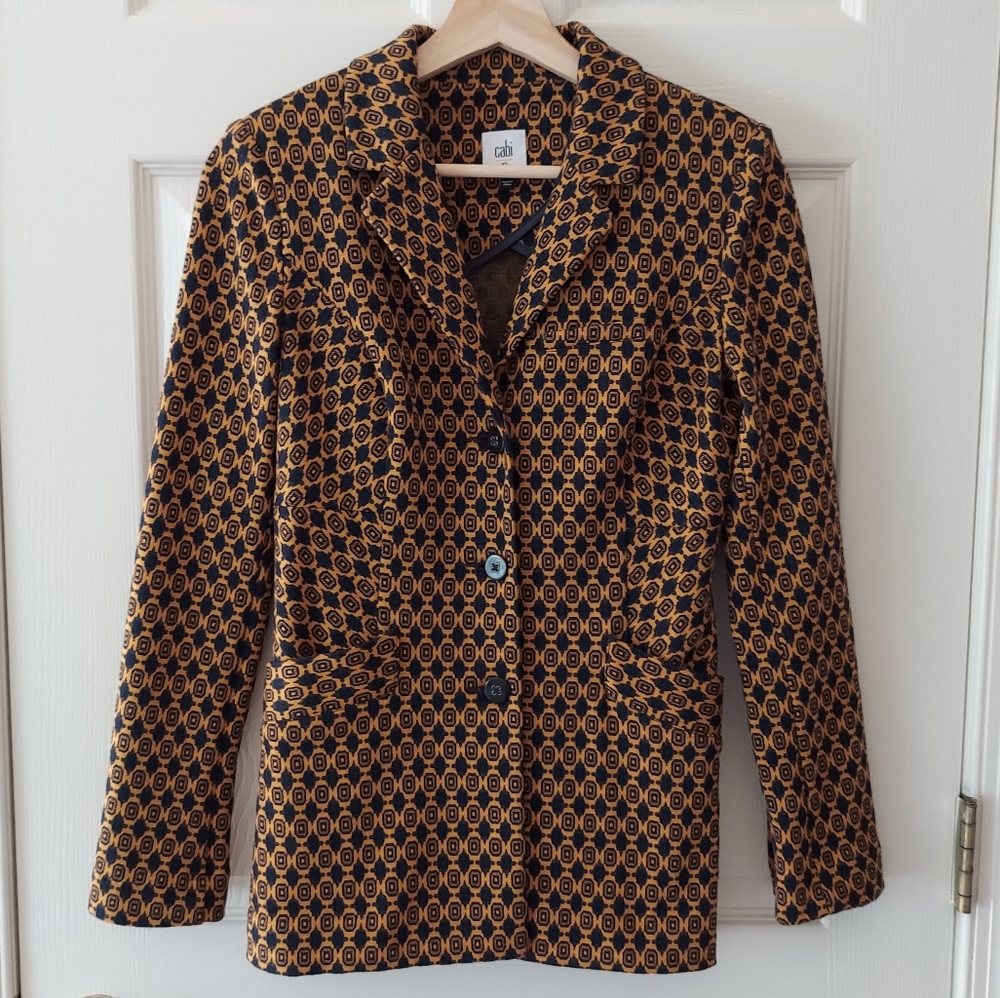 Cabi Mustard Navy Medallion Stretch Knit Standout Jacket Blazer Size XS